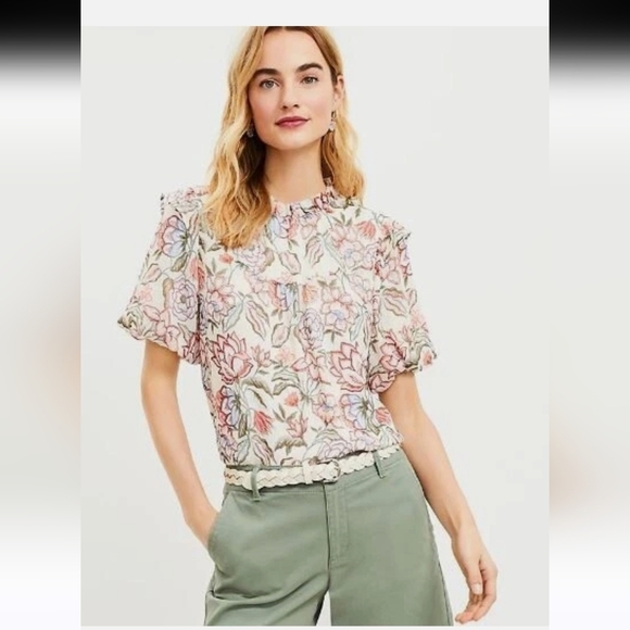 LOFT Cream Blouse with Peter Pan Collar and Ruffled Short Sleeves - Picture 1 of 5